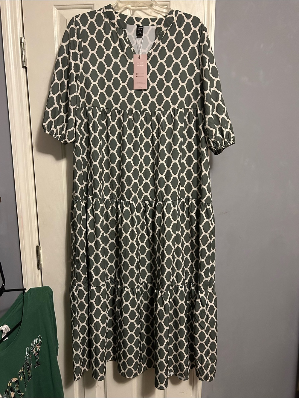 Tiered Maxi Dress in Olive Green with White Trellis Print